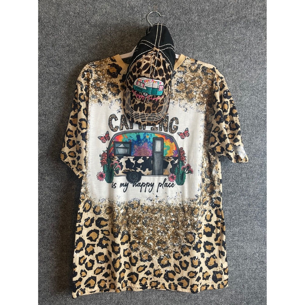 Graphic Tee Shirt & Hat Women's XL Tan Leopard Camping Is My Happy Place - Picture 1 of 13